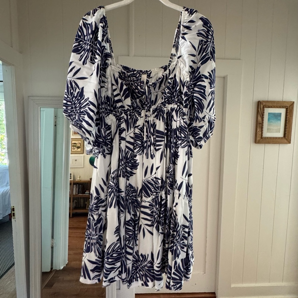 Blue and white floral Hawaiian off shoulder dress short from Mahina